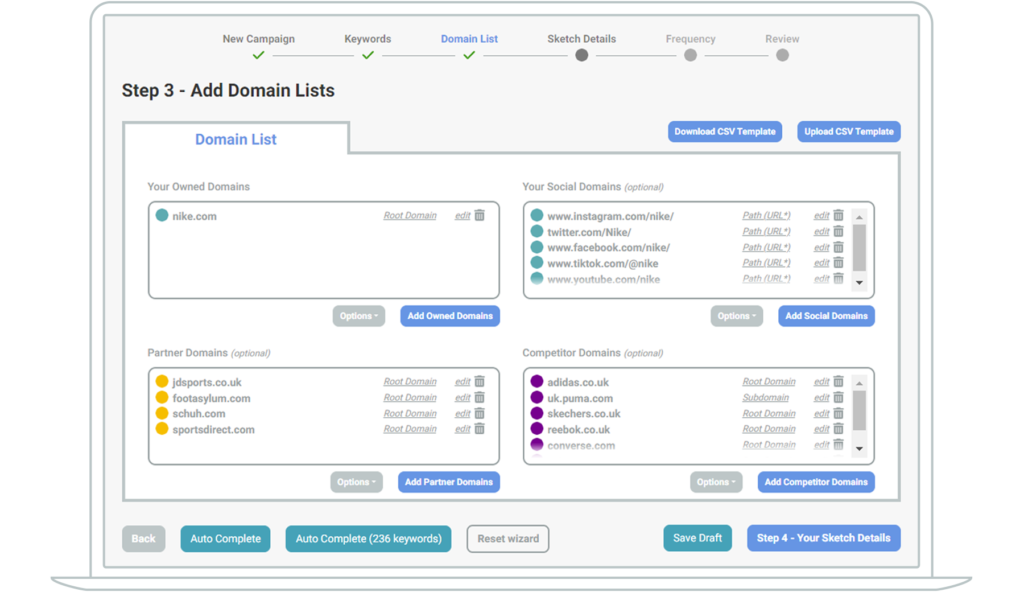 Domain list step of the wizard with trainer brands