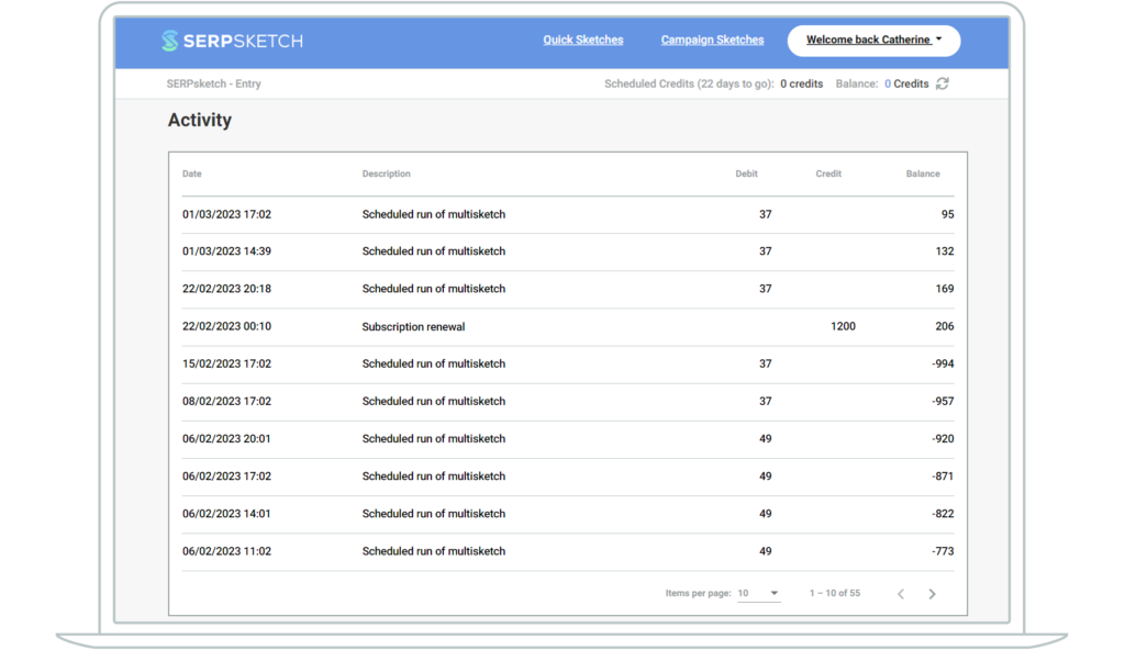 Screenshot showing the history of activity on a subscription