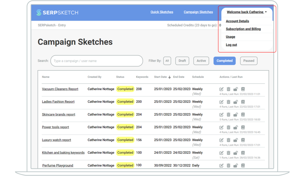 Screenshot showing how you get to the admin sections of SERPsketch