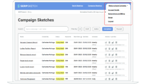 Screenshot showing how you get to the admin sections of SERPsketch