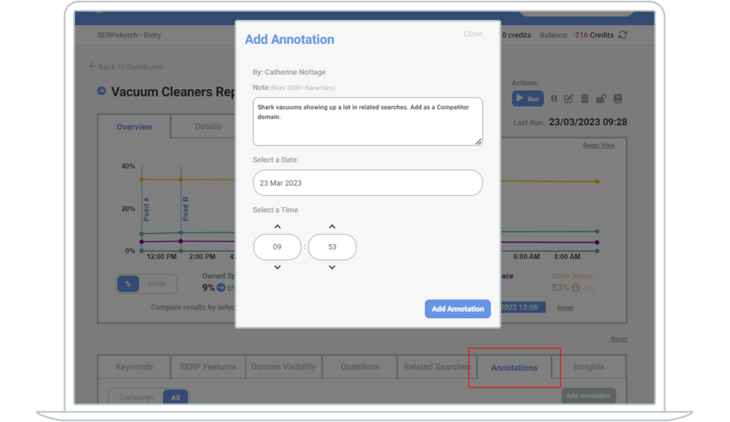 Screenshot showing how to add an annotation in your sketch to keep track of changes