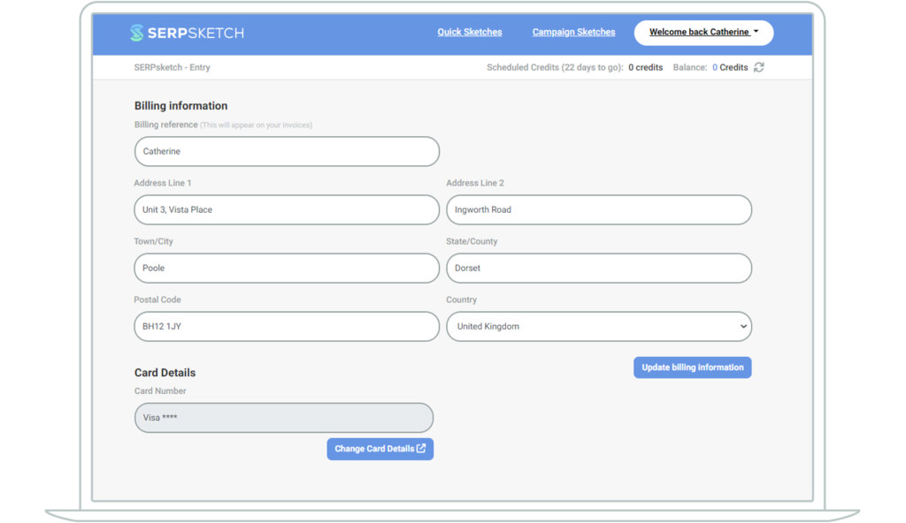 Screenshot showing billing information shown in SERPsketch