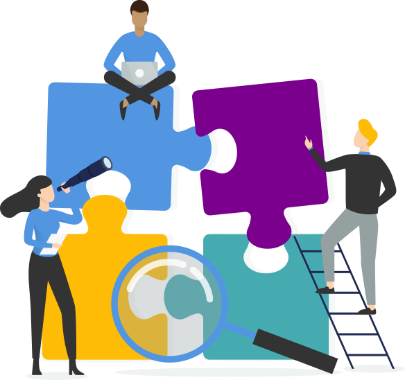 Illustration of a team putting together pieces of a very large but simple jigsaw