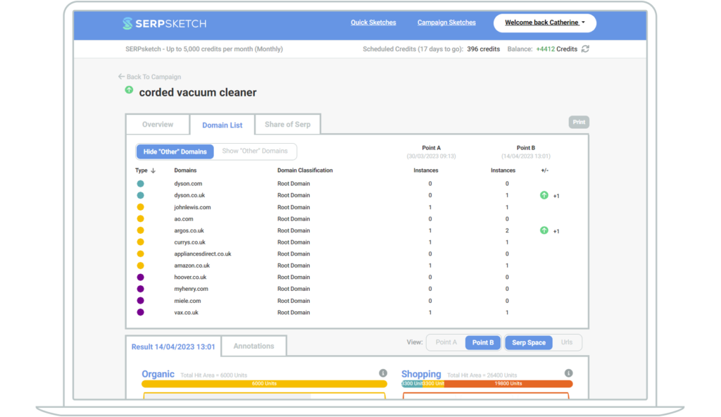 Screenshot of SERPsketch showing the list of domains in a sketch with vacuum cleaner keywords