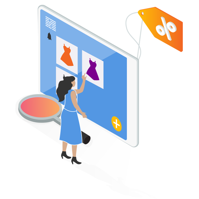 Illustration of a woman selecting a dress on a website