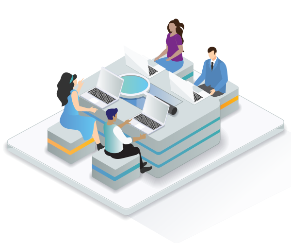 Illustration of a team sitting at work on their laptops