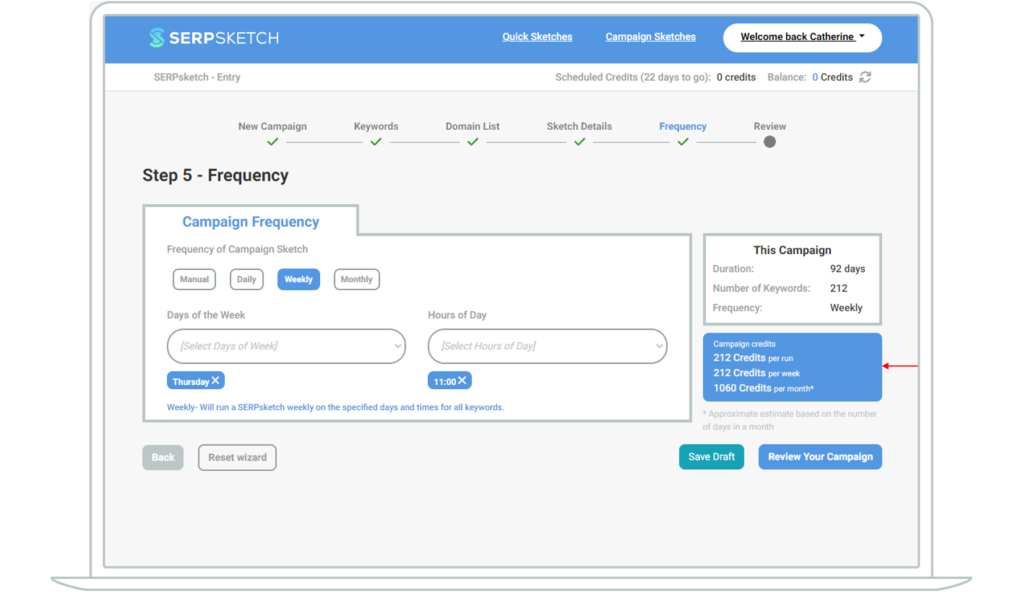 Screenshot showing campaign credits that would be incurred by setting up a sketch