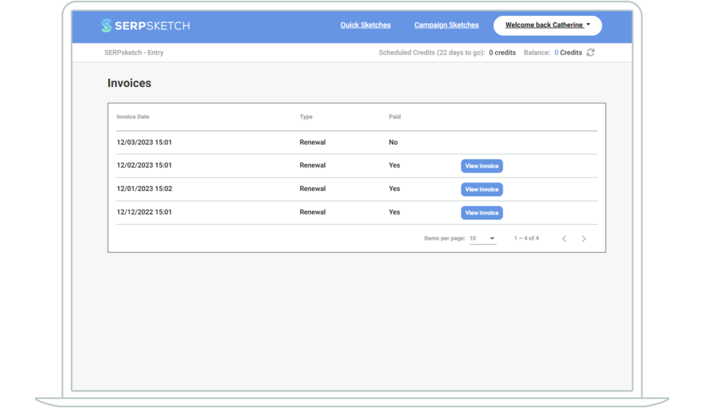 Screenshot showing your list of invoices for a monthly subscription to SERPsketch