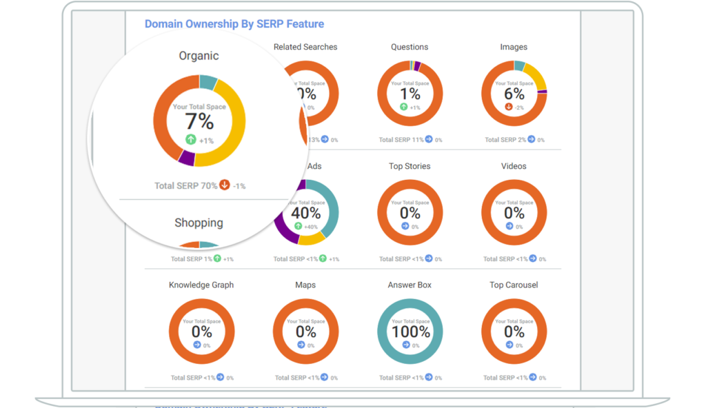 Screenshot showing domain ownership by SERP feature, zoomed in on Organic results