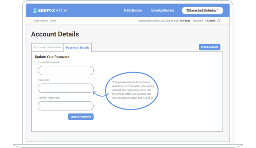 Screenshot showing how to change your password in SERPsketch