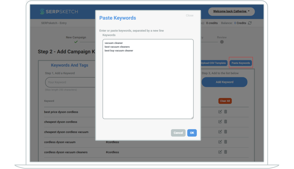 Screenshot showing how you can add keywords in a list