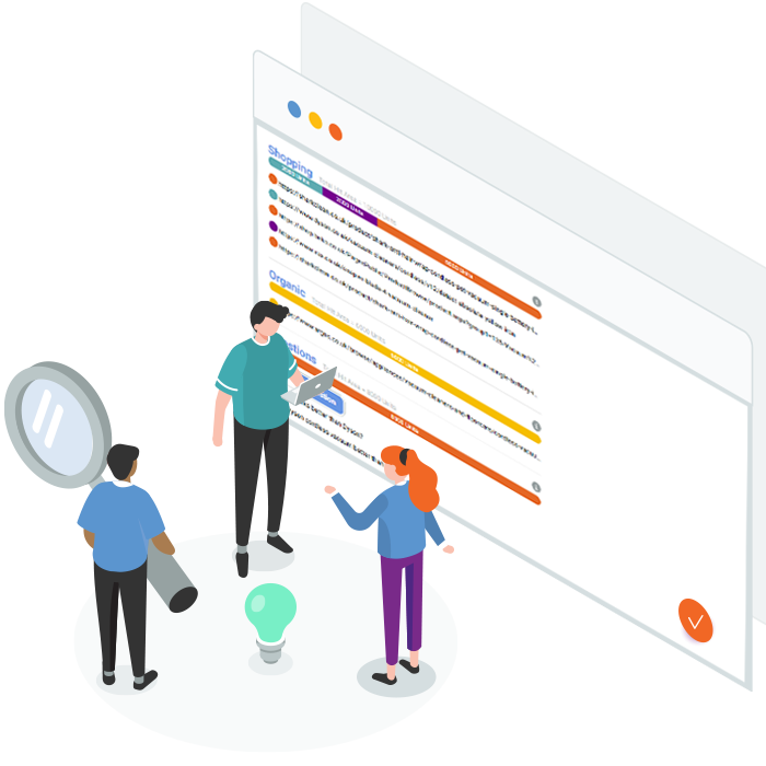 illustration showing three people chatting about a sketch result. One is holding a magnifying glass.