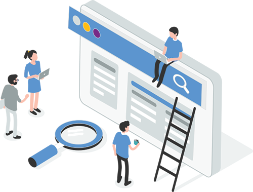 illustration of a group looking at a screen and discussing findings