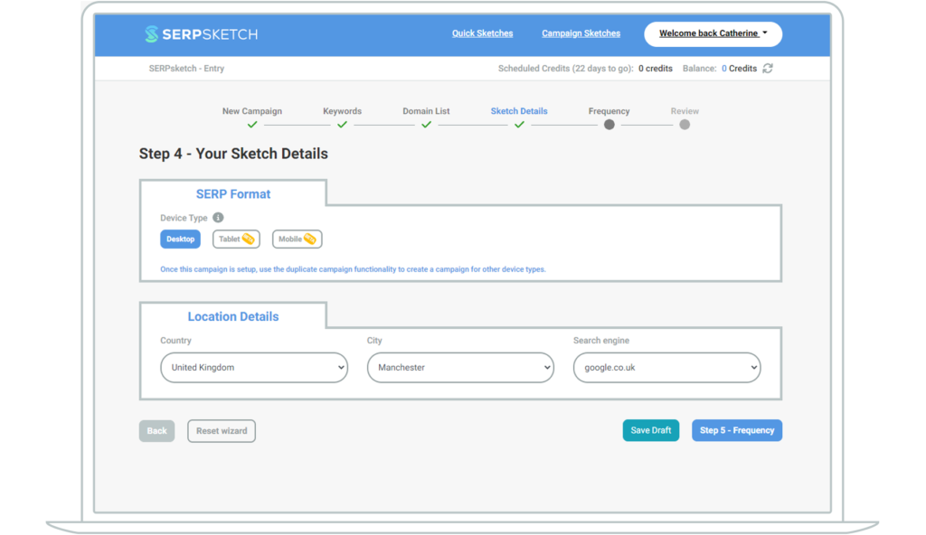 Screenshot showing your choice of SERP format and location for a sketch