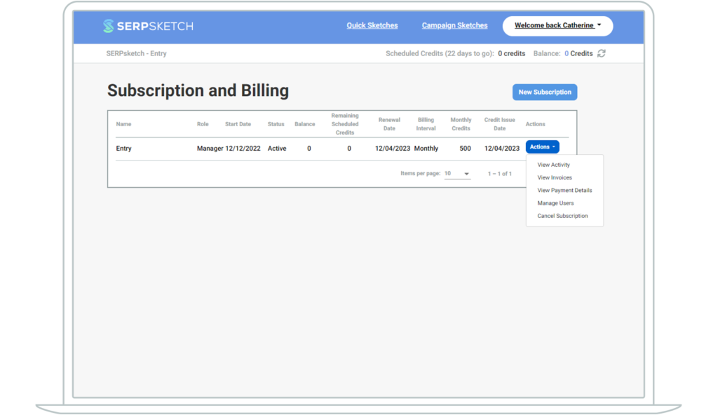 Screenshot showing the Actions available on subscription and billing information