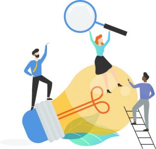 about-us_ Illustration of three people on a lightbulb. One is on a ladder, one is holding a magnifying glass and the third is pointing to it