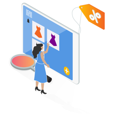 Illustration of a woman selecting a dress on a website